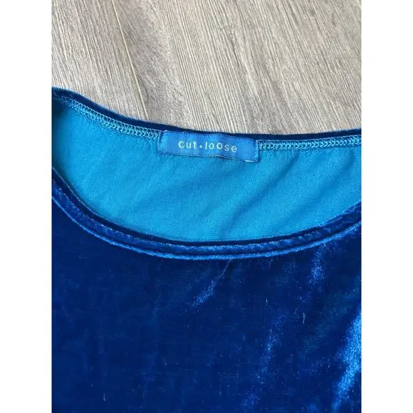 Cut Loose Blue Velvet Oversized Tunic Top Size One Rayon Silk Relaxed Fit - Picture 7 of 9